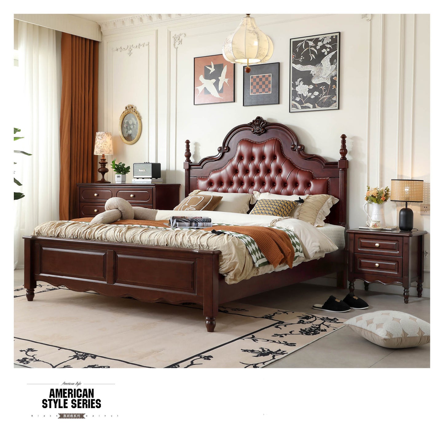 American retro carved cushioned high back bed
