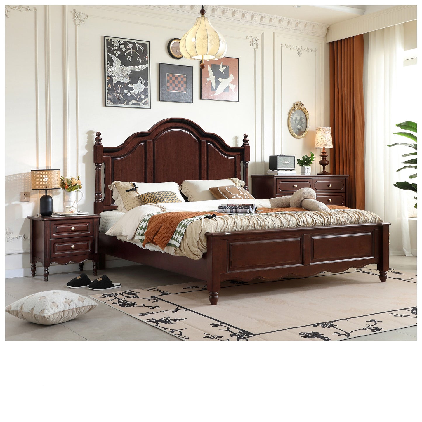 美式复古木质床|深胡桃色高靠背与精美雕刻