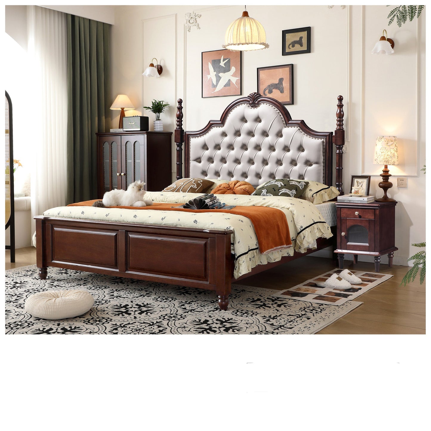 American retro white cushioned high back bed