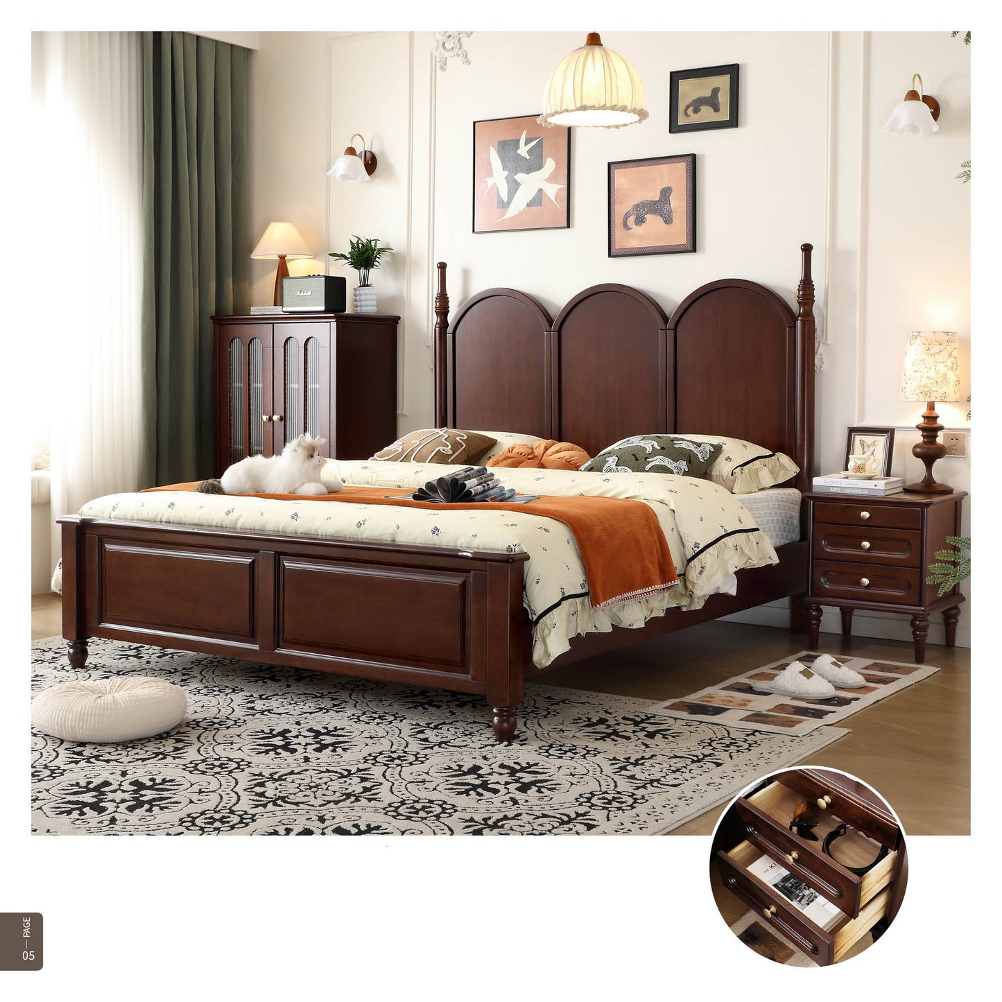 美式复古三段式木质高靠背床