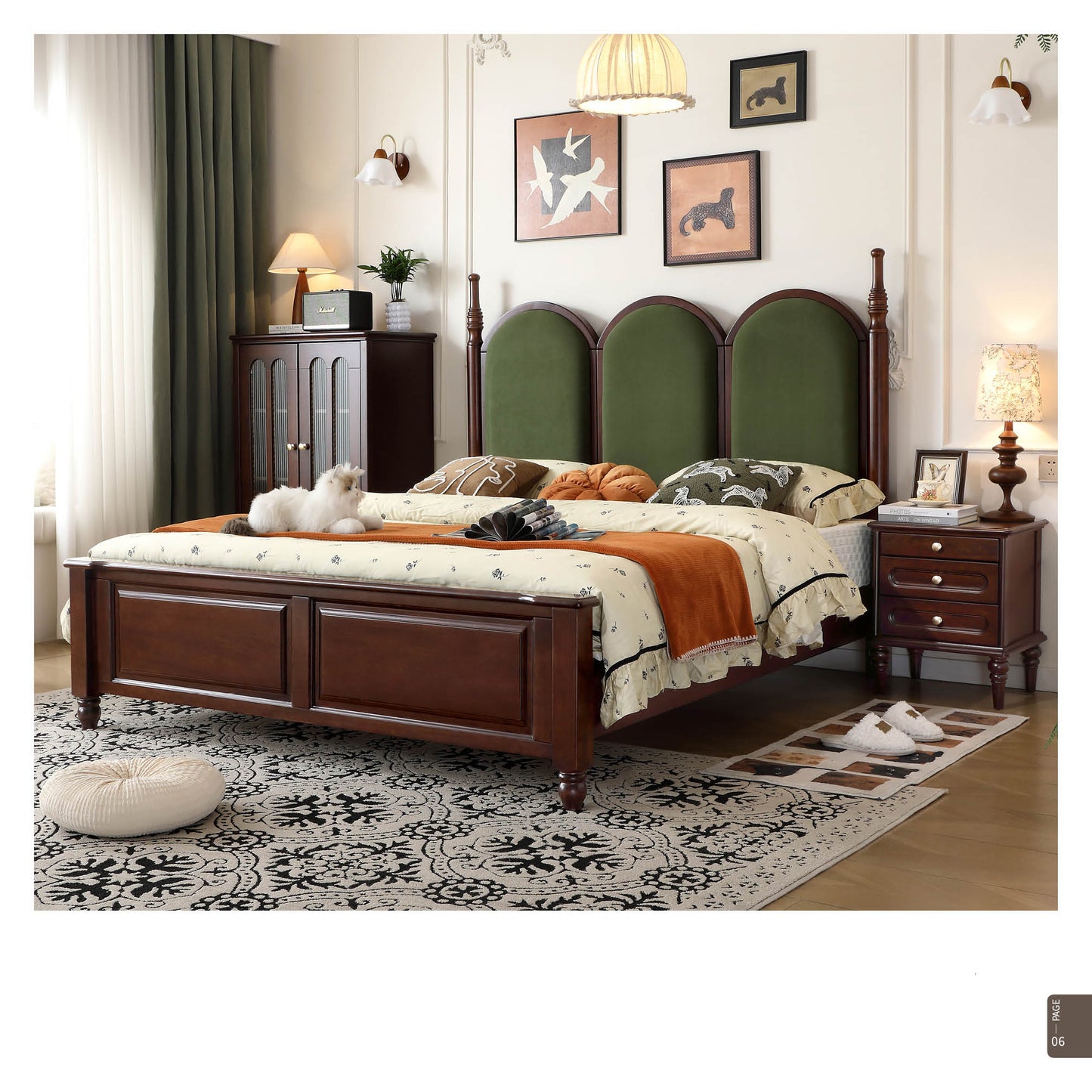 American retro green upholstered high back bed